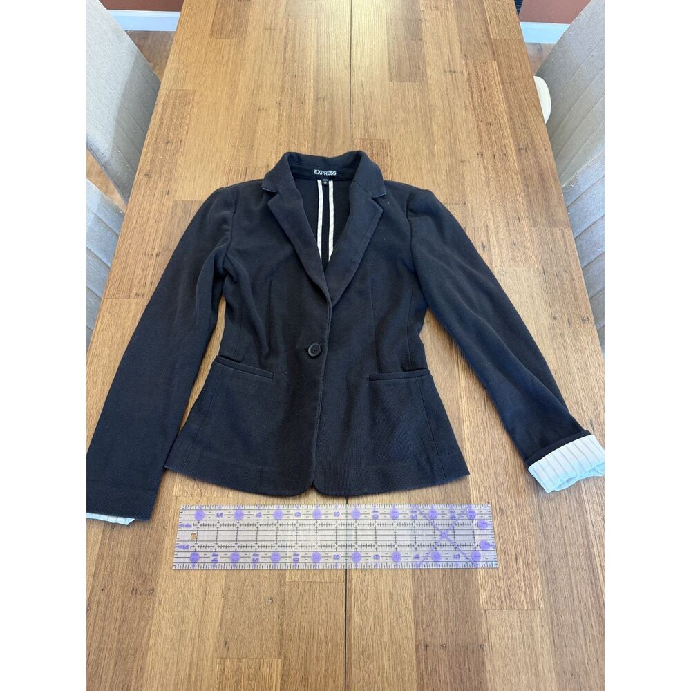 Express Single-Button Soft Knit Fitted Blazer - Black / Striped Cuffs (XS)